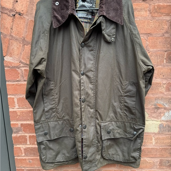 Barbour Green Raincoat with Corduroy Collar and Waxed Finish